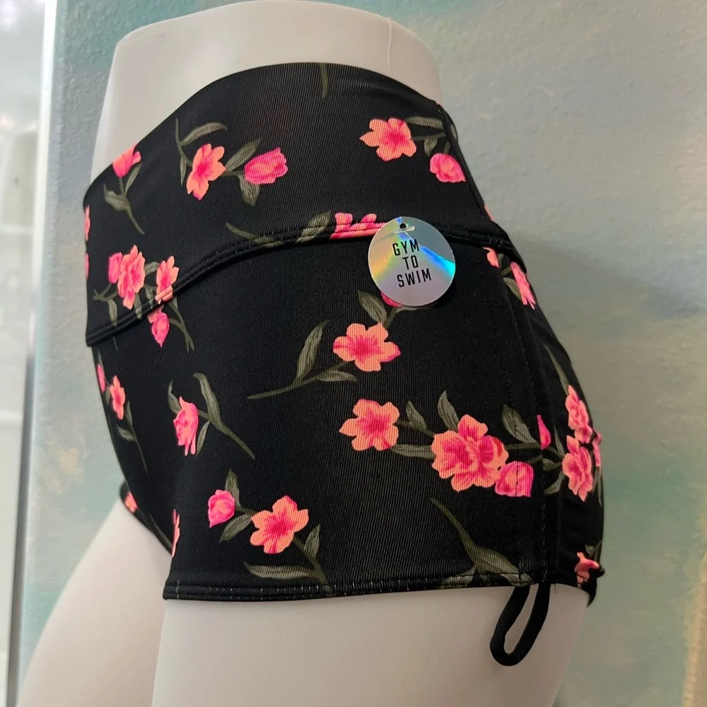 NWT PINK Sport Black & Pink Floral Gym to Swim Bottoms - Picture 3 of 7